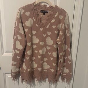 Women's V-Neck Heart Sweater - Pink and Cream